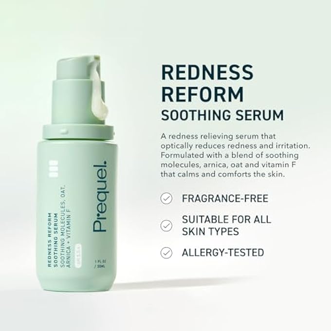 Prequel SKIN REDNESS REFORM, CALMING SERUM FOR FACE. ADVANCED CLINICAL OPTICAL CORRECTOR FOR REDNESS AND DISCOMFORT. SOOTHING FACE SERUM WITH OAT EXTRACT FOR SENSITIVE SKIN. 1OZ PUMP - Image 2